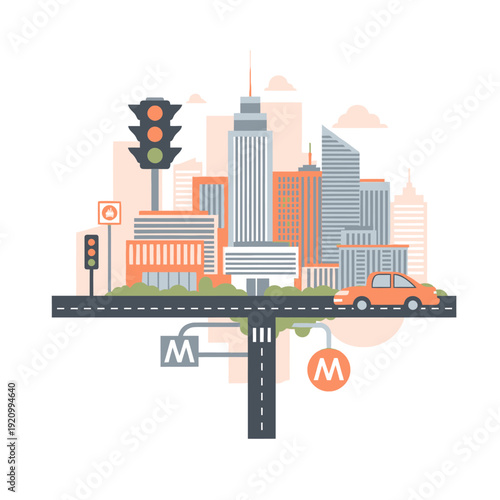 City Roadway with Traffic Signal and Car.