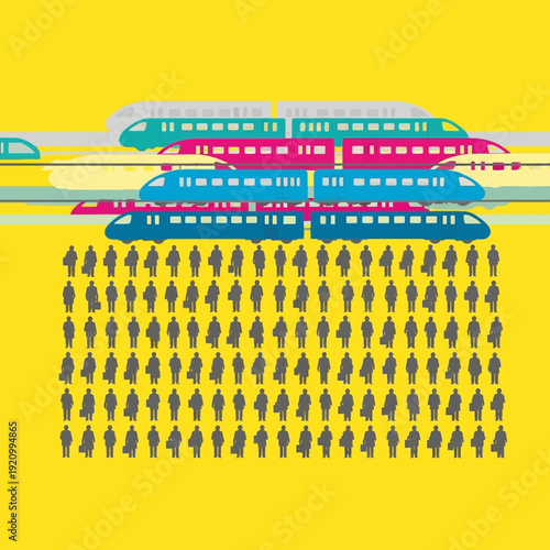 Multiple Trains and People Standing Together.