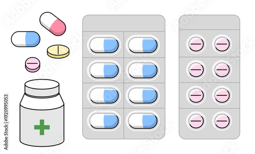 薬のアイコンセットイラスト。薬瓶、カプセル、錠剤、PTP包裝シートのベクター素材。医療、健康、病院、調剤薬局、サプリメントのイメージに最適な白背景のフラットデザイン。