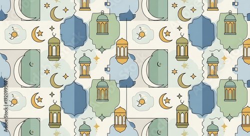 A serene pattern of crescent moons, lanterns, and clouds in soft hues viewed from directly above.