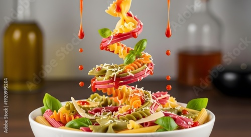 Vibrant salad ingredients mid-toss in a white bowl, captured from a slightly elevated viewpoint on a kitchen counter.