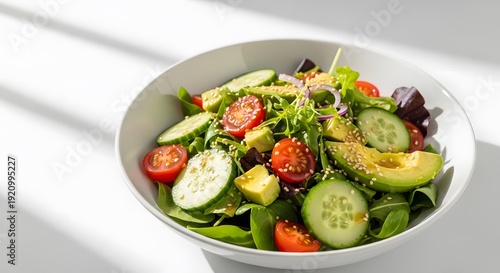 Fresh mixed greens salad with avocado and vegetables in a white bowl on a white surface with natural light casting shadows