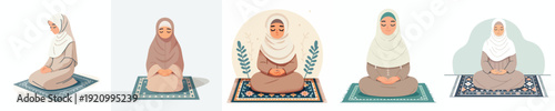 vector of happily muslim woman sitting on prayer mat during ramadan