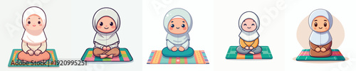 vector of happily muslim little girl sitting on prayer mat during ramadan