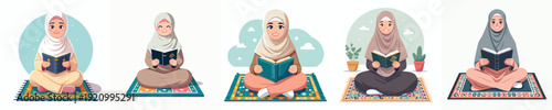 vector of muslim woman sitting reading the Qur'an during Ramadan