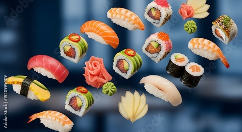 Assorted sushi pieces with wasabi and ginger floating in mid-air against a blurred cityscape background