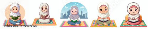 vector of muslim little girl sitting reading the Qur'an during Ramadan
