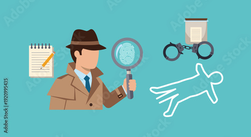 Detective Investigating Crime Scene with Magnifying Glass.