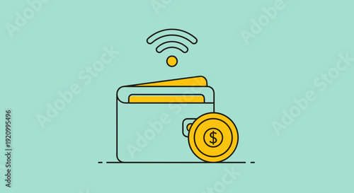 Digital Wallet with Coin and WiFi Symbol.