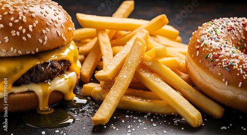 A close-up view of cheeseburgers and fries on a dark surface with sesame seeds and sprinkles