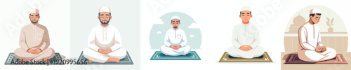 vector of happily muslim man sitting on prayer mat during ramadan