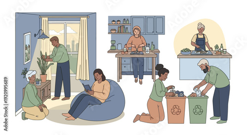 Diverse people practicing sustainable living at home, recycling, cooking, and conserving energy.