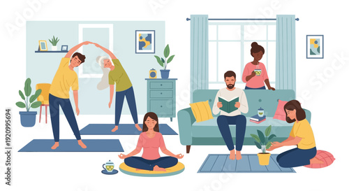Diverse people practicing yoga, meditating, reading, and gardening at home