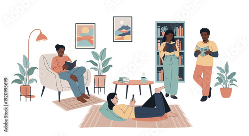 Diverse people reading books and using phones in a cozy, modern living room with plants.