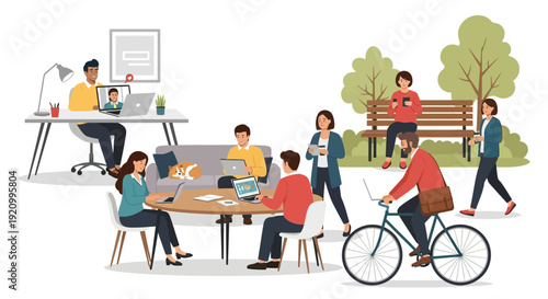 Diverse people working and relaxing in a modern co-working space and park
