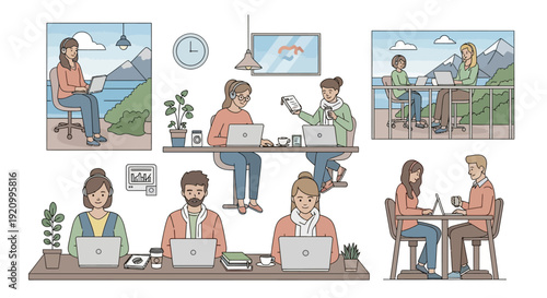 Diverse people working remotely in a modern co-working space with scenic views