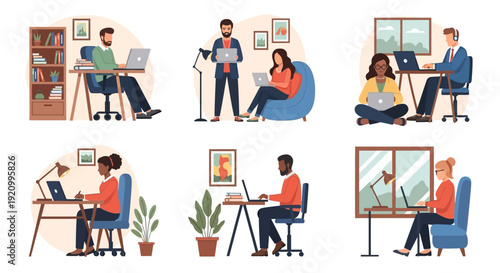 Diverse people working remotely on laptops in cozy home office settings