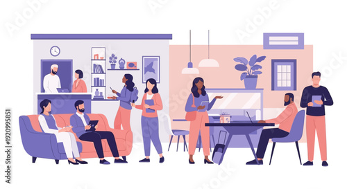 Diverse professionals collaborating in a modern office space, discussing ideas and working together.