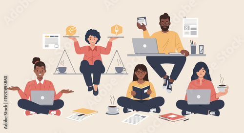 Diverse team collaborating and working remotely with laptops and coffee