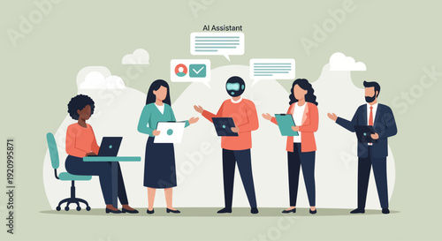 Diverse team collaborates with AI assistant in modern office meeting, discussing ideas