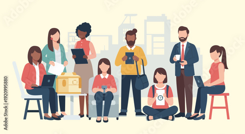 Diverse team collaborating in a modern office setting with city skyline background