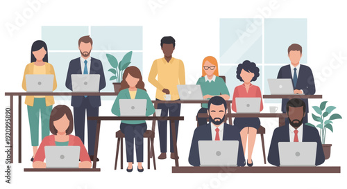 Diverse team collaborating in modern office with laptops