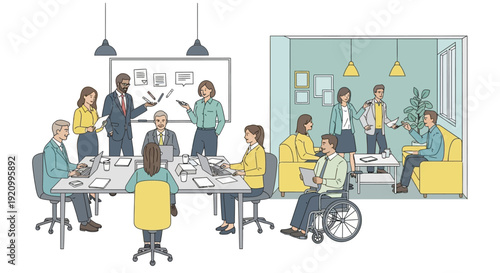 Diverse team collaborating in modern office meeting and casual discussion areas