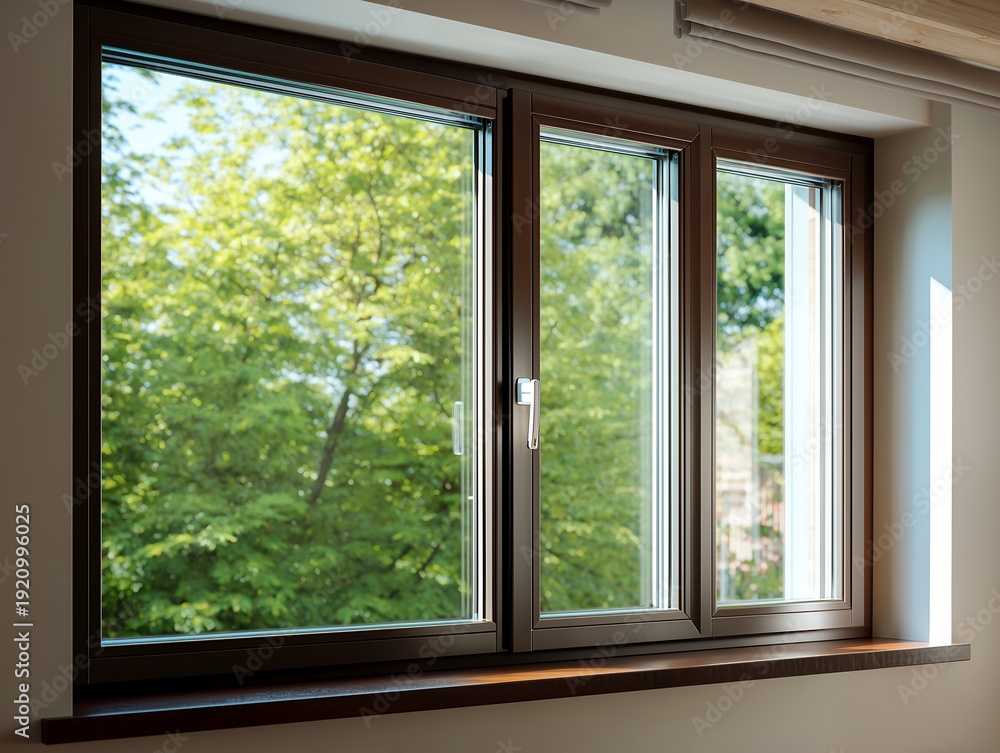 Fototapeta premium Modern brown window frames with view of lush green garden