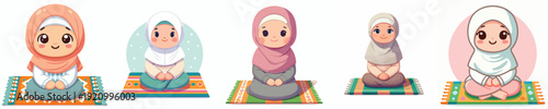 vector of happily muslim little girl sitting on prayer mat during ramadan