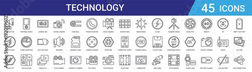 Set of 45 outline web icons including camera, video, battery, music player, calculator, photography, technology vector icons for web design, mobile app, and digital projects