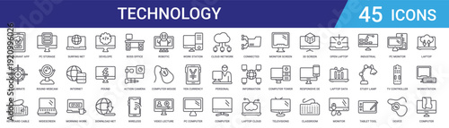 Set of 45 outline web technology icons including computer, laptop, server, webcam, storage, network devices. Line style vector icons for interface design