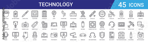 Set of 45 outline technology and electronics icons including telephone, camera, battery, wireless, digital devices vector icons for web design and mobile applications