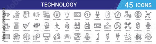 Set of 45 outline web technology icons including globe circuit, binary mind, cinema light, radar, file storage, camcorder. Vector line icons for UI, app, mobile and web design