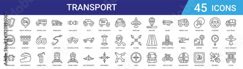 Set of 45 outline transport and vehicle icons including bobsleigh, quad bike, school van, motorsport, gearshift, airplane, train, helicopter. Vector line style for web and mobile