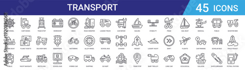 Set of 45 outline transport and delivery vector icons including trucks, bikes, boats, planes, carts, buses, repair tools for web and mobile app design