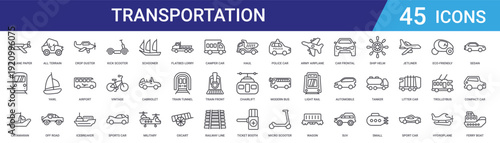 Set of 45 outline transportation vehicle icons including kick scooter, icebreaker ship, airport shuttle, crop duster, off road, yawl, all terrain vehicle vector for web design