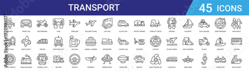 Set of 45 outline transport and vehicle icons including trucks, bus, train, spacecraft, car, airplane, boat. Vector line icons for web and mobile UI design