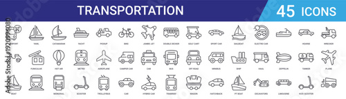 Set of 45 outline transportation vehicle icons including yacht, monorail, hot air balloon, catamaran, funicular railway. Line vector icon pack for web and mobile design
