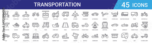 Set of 45 outline transportation vehicle icons including helicopter, electric car, truck, train, bicycle, boat vector icons for web design and mobile applications