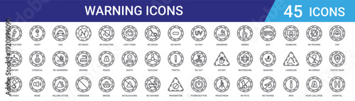 Set of 45 outline warning, prohibition and traffic icons including no music, falling rocks, no swimming, taxi, noise, chemical products, hoist. Vector line icons for web, mobile app