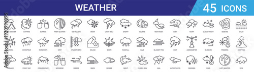 Set of 45 outline weather and moon phase icons including first quarter, sunrise, raindrops, foggy day, downpour. Thin line vector icons for web and mobile apps