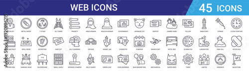 Set of 45 outline web icons including oil tower, blackboard, calculations, samurai, spell book, paper clip vector icons for mobile and web design