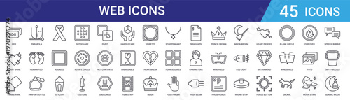 Set of 45 outline web icons including perfume bottle, shapes, footprints, moon, stars, crown, heart, diamond in thin linear style for UI and graphic design