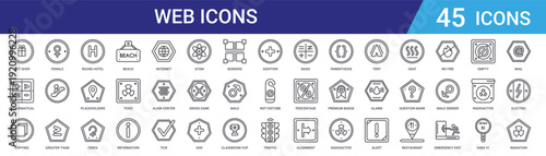 Set of 45 outline web icons including beach, hotel, mathematical symbols, percentage, female, male, alignment, placeholders vector for UI design