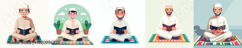 vector of muslim man sitting reading the Qur'an during Ramadan