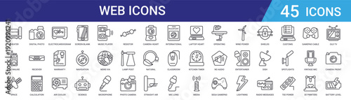 Set of 45 outline web icons including screen blank, air cooler, warranty certificate, electrocardiogram, calculation, receiver, camera. Vector line icons for UI, mobile, web design