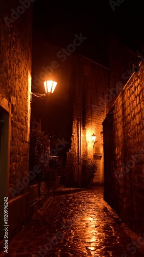 Old stone buildings lining a narrow cobblestone alley lit by vintage lamps at night. Kotor Old Town, Montenegro