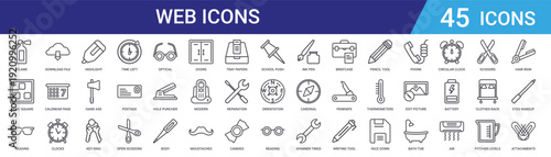 Set of 45 outline web icons including time, keys, tools, clocks, calendar, cloud download. Thin line vector icons for UI, mobile app, and web design projects