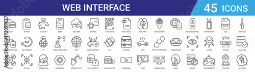 Set of 45 outline web interface icons including book, prediction, diagram, eye tap, 360 degrees, survey. Thin line vector symbols for UI, app design