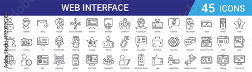 Set of 45 outline web interface icons including fashion, social media, communication, camera, email, clock. Editable vector line icons for UI design and mobile apps